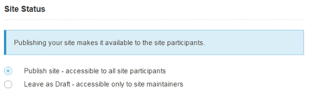 Select your Site Status (i.e published or unpublished).
