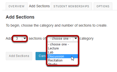 Select the number of sections and a category.