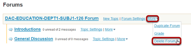 Select Delete Forum from the drop-down menu.
