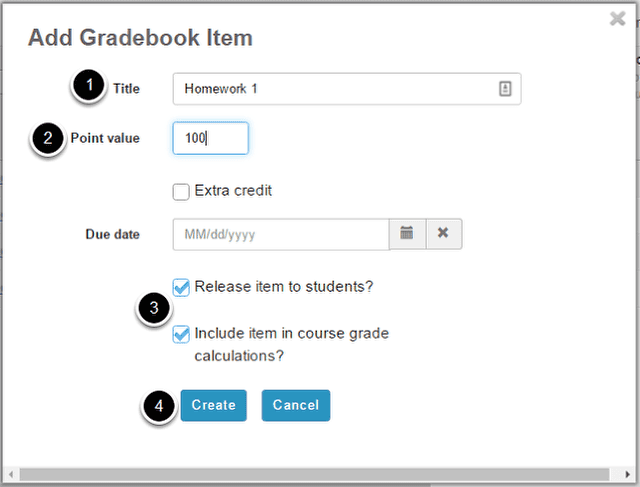 Click Add Gradebook Item to create items and associate them with the appropriate categories.