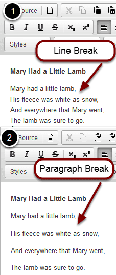 Images with examples of paragraph and line breaks.